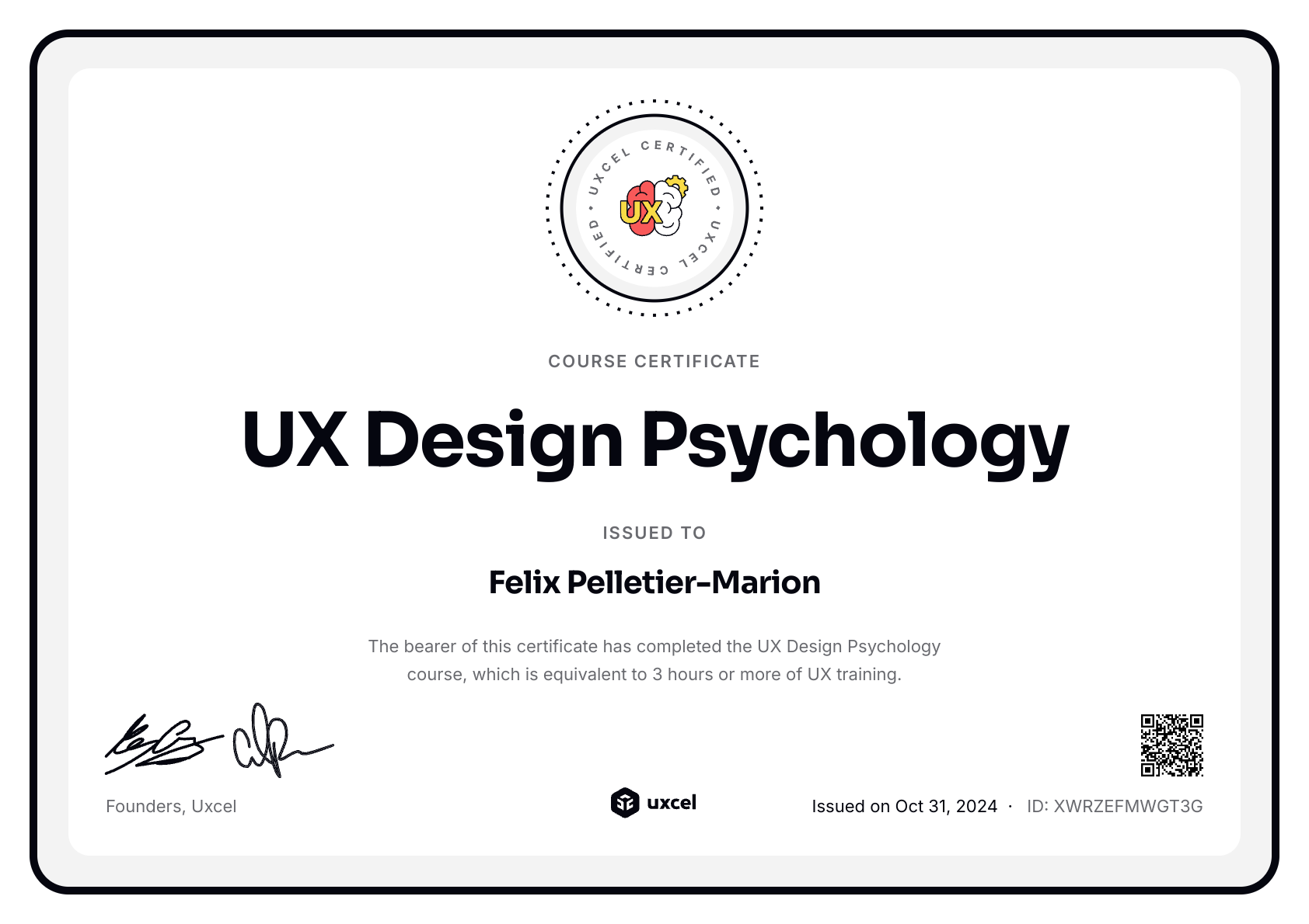 Felix Pelletier-Marion's certificate